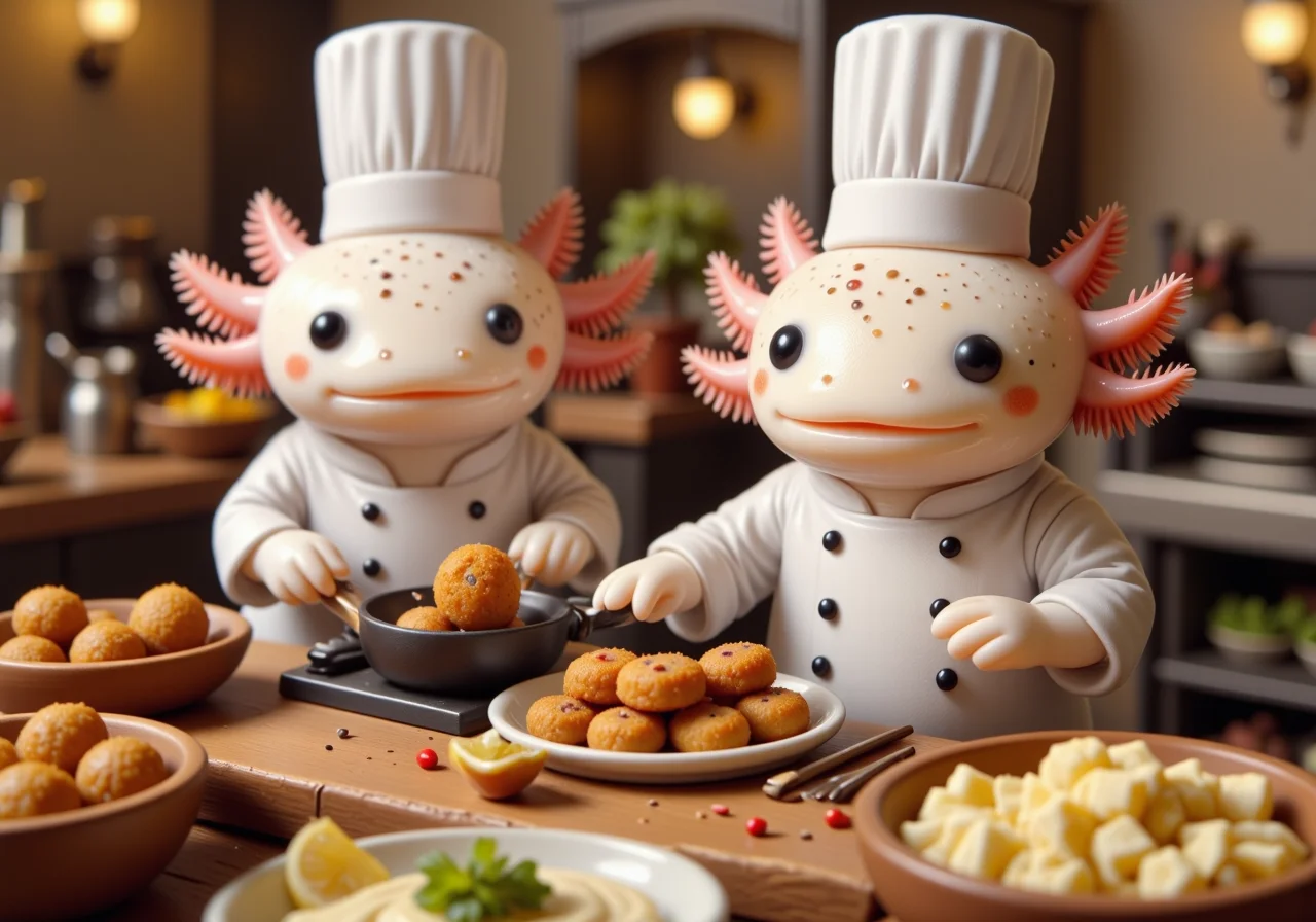 top down tilt shift image of tiny cute anthropomorphized axolotls with pink frilly gills and round black eyes, axolotl chef, in a Middle Eastern restaurant, cooking falafel and hummus, wearing a traditional Middle Eastern outfit, flavorful and aromatic dishes<lora:Axomodel_Flux_V2.safetensors:1.0:1.0> <lora:isometric.safetensors:1:1>