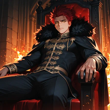 masterpiece, best quality, amazing quality, absurdres, newest, detailed background, definition so sharp, Ultra-HD, 8K cinematic, very awa, impressionate, amazing quality, highres,
solo, male focus, manly,
1boy, spiked hair, short hair, mikoto_red hair, mikoto_yellow eyes, mikotosuoh, royal attire, fur trim, dim lighting, shadows, regal, commanding presence, confident, unapproachable, burning embers, faint light, throne, leaning back, relaxed pose,