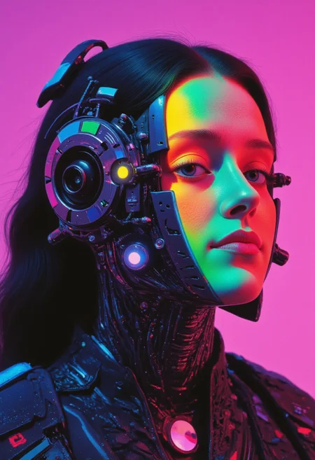 A hyper-detailed M100-style analog photo of a laughing cyborg woman in the style of ck-ncr, blending intricate cyberpunk robotics with vibrant, human joy. Her radiant smile highlights the duality of her being: half of her face is organic, glowing with fiery freckles and warm, soft skin, while the other half reveals an intricate network of exposed wiring, microprocessors, and metallic plating. These robotic elements glisten with delicate servos and fluidly moving panels, emphasizing her futuristic elegance. Her mechanical eye, softly glowing and alive with laughter, reflects her joy, seamlessly integrated into the interplay of metal and flesh.
She wears a bold, sleeveless cyberpunk jacket adorned with holographic patches and glowing lines, contrasting with her high-tech enhancements and emphasizing her dynamic personality. The jacket's vivid neon hues—pink, cyan, and electric purple—pulse gently, mirroring the energy of her expression. The interplay of her laughter, illuminated by atmospheric lighting, creates a stunning cinematic effect: volumetric neon lights cast rippling magenta and blue hues across her metallic and organic features, blending harmoniously with the hazy, hyperpunk-inspired backdrop of dark turquoise tones.