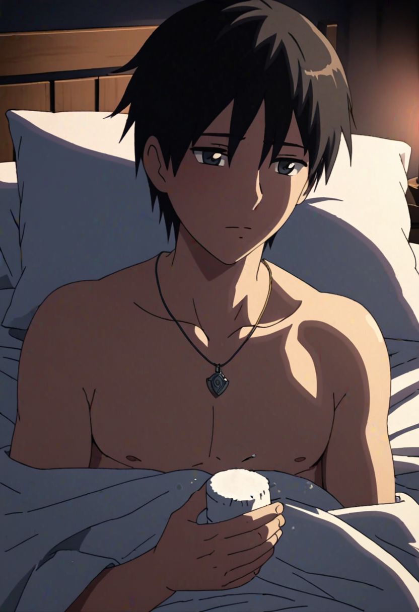 Highres, Masterpiece, High Quality, 4K, 8K, solo, 1Boy, Takaki Toono, adult, black hair, short hair, bedroom, dimly lit, pillow, blanket, necklace, upper body quarter, sexual stimulation, tissue, lotion, sex toys, climax, masturbation, easynegative, detailed_eye_model