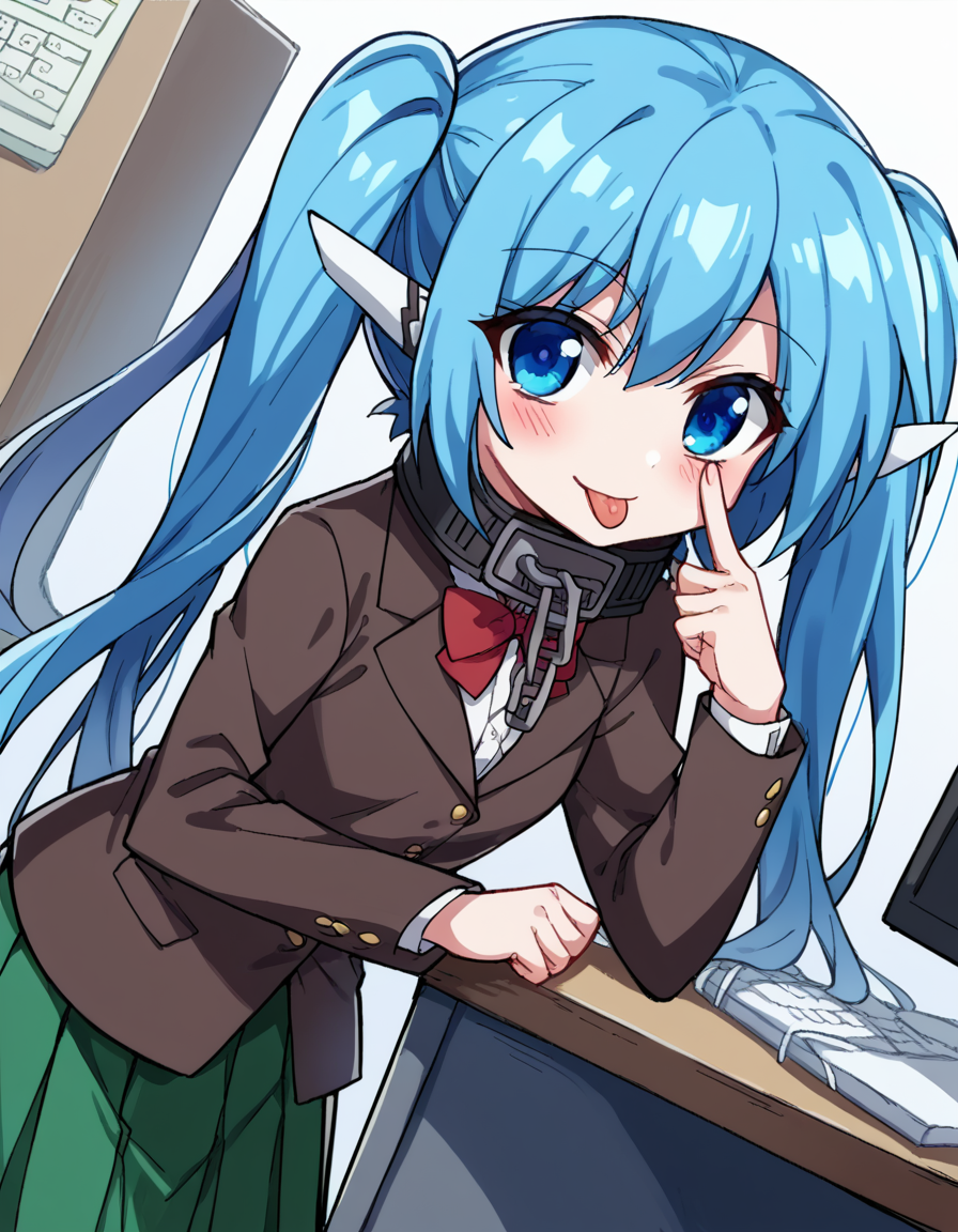 score_9, score_8_up, score_7_up, source_anime, <lora:otoshimono-nymph-s2-ponyxl-lora-nochekaiser:1>, nymph, long hair, blue eyes, twintails, blue hair, collar, chain,, school uniform, skirt, green skirt, pleated skirt, red bowtie, blazer, brown blazer,, home office, working from home, computer screen, coffee cup, focus, deadline, smile, <lora:akanbe-ponyxl-lora-nochekaiser:1>, akanbe, eyelid pull, finger to eye, tongue out, :p, tongue, ;p, blush, leaning forward, bent over, from side,, looking at viewer, solo,, dutch angle, cowboy shot