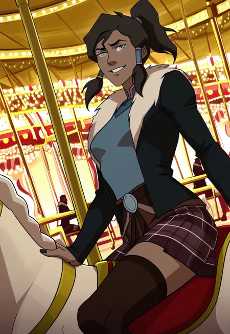 LoVM Style, Korra, 1girl, solo, carousel, looking at viewer, smile, jacket, skirt, riding, jewelry, fur trim, dutch angle, long sleeves, sitting, plaid, black jacket, outdoors, open clothes, fur-trimmed jacket, nail polish, shirt, horse, grin, thighhighs,