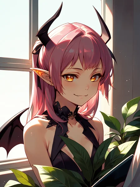 (solo focus, upper body:1.2) <lora:happy_tentacle-succubus-v0.2-000043:0.9>, ht_succubus, white pupils, demon wings, demon tail, hair ribbon, pink hair, (petite:1.2), ( :1.1) ( , , ( :1.2) , seductive smile , (looking at another:1.2) :1) , indoors, ((dawn :0.6), (cloudy sky:0.6) :0.8), (open window :0.9), (furniture:0.9), , , , (people:1.1) , ( :0.8), greenhouse, plant, (vegetation:1.2) ( :0.8) score_9, score_8_up, score_7_up, score_6_up, score_5_up, score_4_up, ( [(realistic, photorealistic:1.3):(realistic:1.3):18] [(3d:1.2)::16] :1) <lora:LUUNA's Lunas-NijiJourney-SDXL-B2:0.35>, nijijourney <lora:prgfrg23's Counterfeit-V3.0 Style SDXL_LoRA_Pony Diffusion V6 XL:0.5> <lora:mfcg's mfcgXL:0.12> <lora:reweik's gyokai(himehajime)_PonyXL_style_v01:0.14>