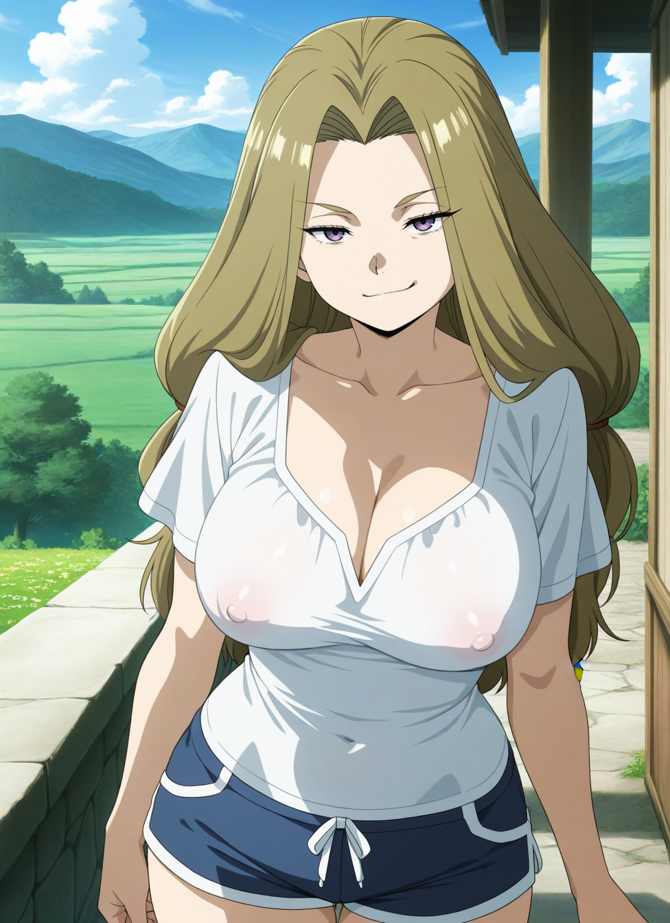 1girl, solo, mature female, breasts, anime screencap, outdoors, day, smirk, upper body, short sleeves, shorts, cleavage, standing, cowboy shot, puffy covered nipples, 
methode, methode (sousou no frieren), long hair, brown hair, purple eyes, hair intakes,, <BREAK> , masterpiece, amazing quality, best quality, ultra-detailed, 8K, illustration, CG, anime coloring, <segment:Anzhc Face seg 768MS v2 y8n.pt,0.4,1//cid=11>,