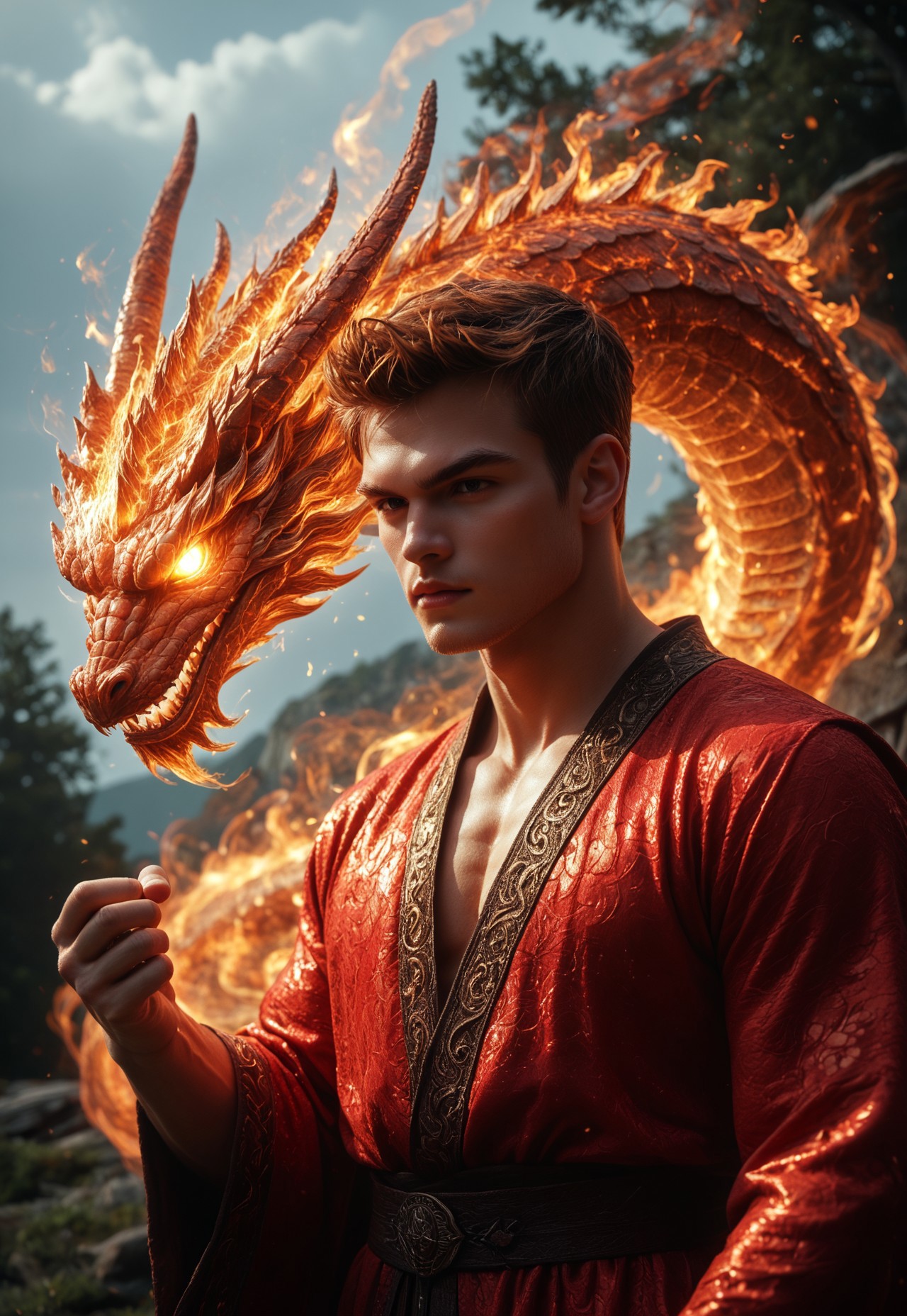 safe_pos, (((score_9, score_8_up, score_7_up))), ((( highly detailed, masterpiece, perfect, detailed, hd, )))
,
((( Dramagmb, colossal ethereal dragon head, red glowing, flaming)))
,
((( 1boy, muscular, magic robe, solo, beautiful, redhead )))
,
((( Fighting stance )))
,
((( Outdoors, wood ))) 
,
((( Portrait view, dramatic scene)))
,
(( ))
,
((( )))
,
()