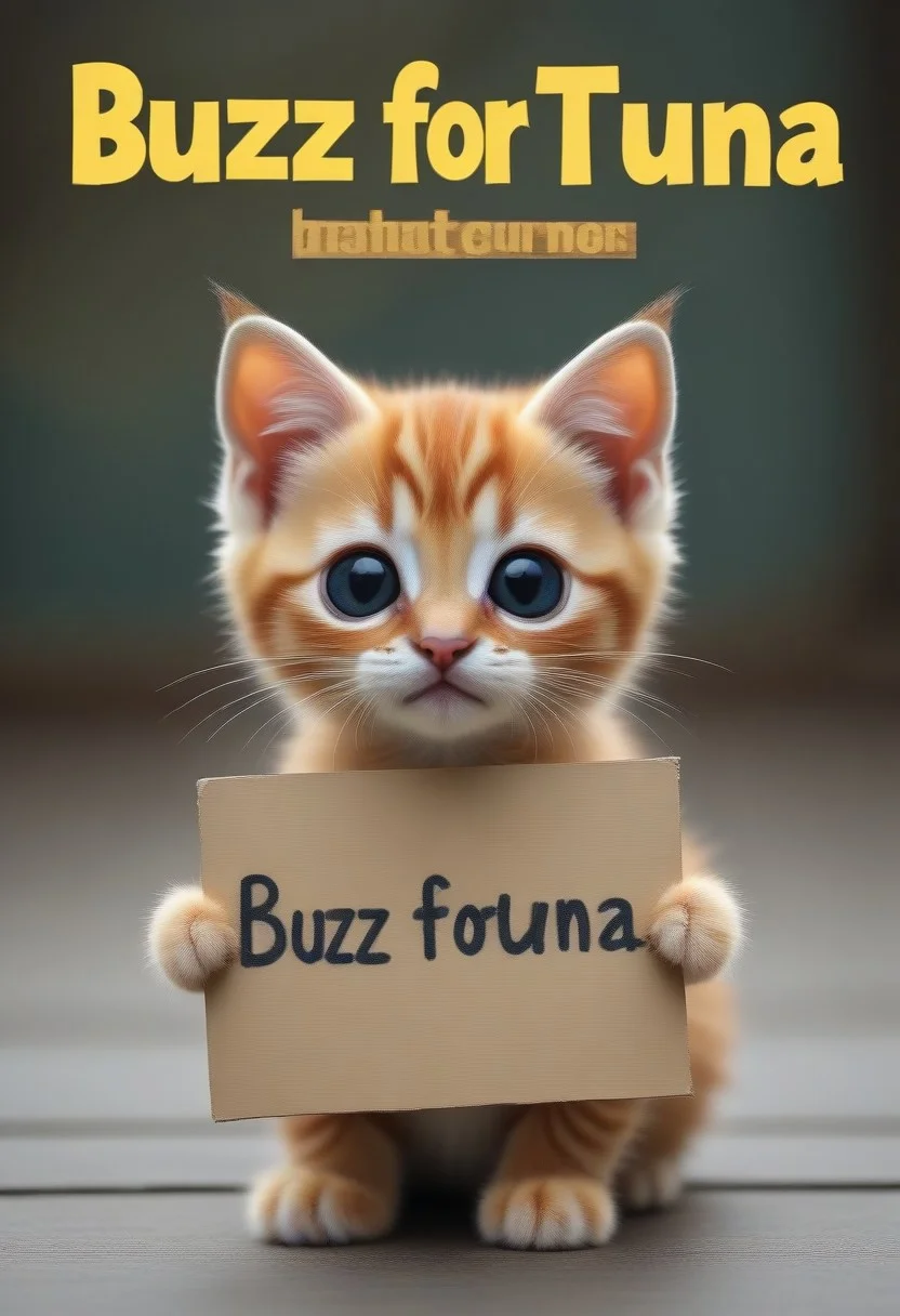 A kitten holding a sign with text "buzz for tuna" <lora:buzz-text:1>