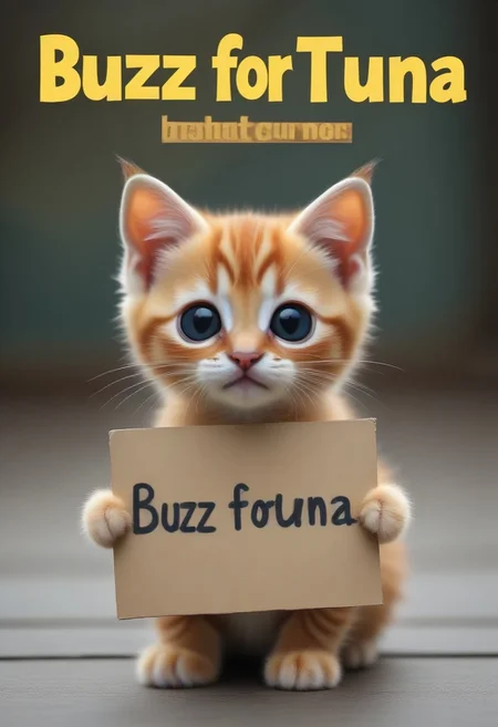 A kitten holding a sign with text "buzz for tuna" <lora:buzz-text:1>