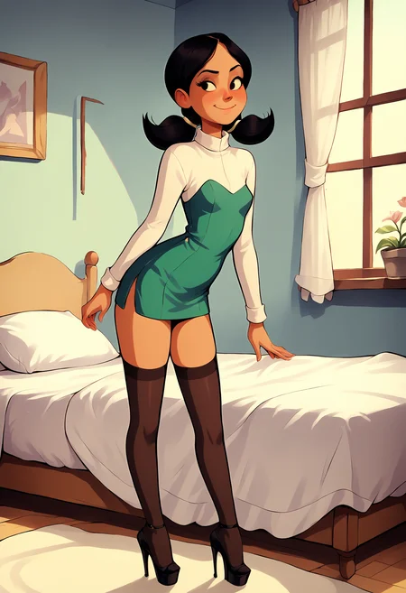score_9, score_8_up, score_7_up, score_6_up, score_5_up, 1girl, solo, full body,
<lora:Louise Belcher (Bob's Burgers) - Shadman Style (Pony):0.9>
Louise_B_Shadman, medium hair, black hair, dark eyes, eyelashes, pigtails,
(petite, small), bangs, smile, 18 years old,
legs together, green dress, minidress,
high heels, thighhighs,
detailed background, indoors, bedroom,