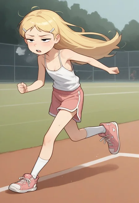 score_8, score_8_up, score_7_up, score_6_up, source_cartoon, BREAK, 1girl, solo, K3lly, blonde hair, very long hair, white hairclip, black eyes,,,, petite,, , , , messy hair, , half closed eyes, heavy sweating, heavy breathing, motion lines, solo, female focus, white camisole, salmon-pink tennis shorts, sneakers, socks, athletics field, running, sprinting, outdoors, full body, flat chest, prefect anatomy, five fingers