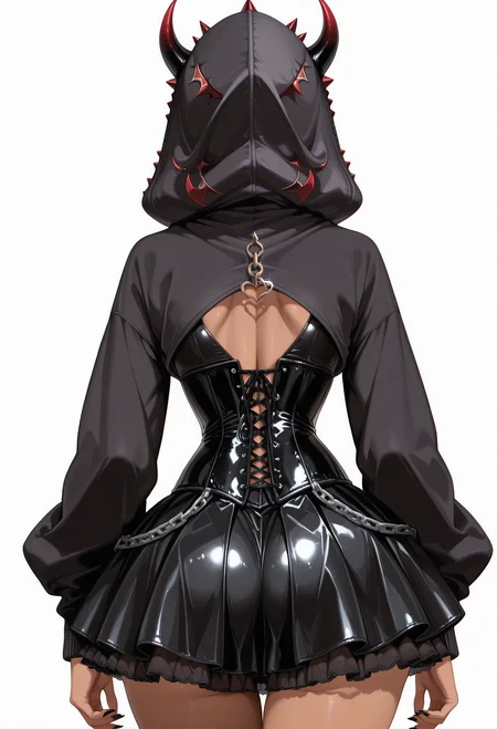masterpiece, best quality, amazing quality, 1girl, solo, 1girl, scarle yonaguni, nijisanji, <lora:Devilishly_Cute:1.0> Devilishly Cute, pvc outfit, pvc corset, heart-shaped corset, chain accessory, pleated skirt, short skirt, layered skirt, tulle underskirt, long sleeves, hood up, spiked hood, tight clothing, (small devil horns:1.5), (horned hood:1.5), tight clothing,