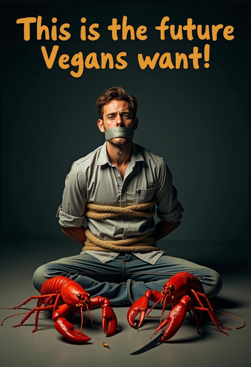 At the top of the image, bold letters spell out 'This is the future Vegans want!'
A photorealistic image of a man sitting on the floor of a dark room, tied up with ropes around his chest and hands behind his back. He wears a button-up shirt, and his mouth is covered with duct tape. His expression is one of pure terror. Two small, realistic-sized lobsters are crawling toward him menacingly. One lobster holds a small, clearly visible knife in its claw, ready to attack.