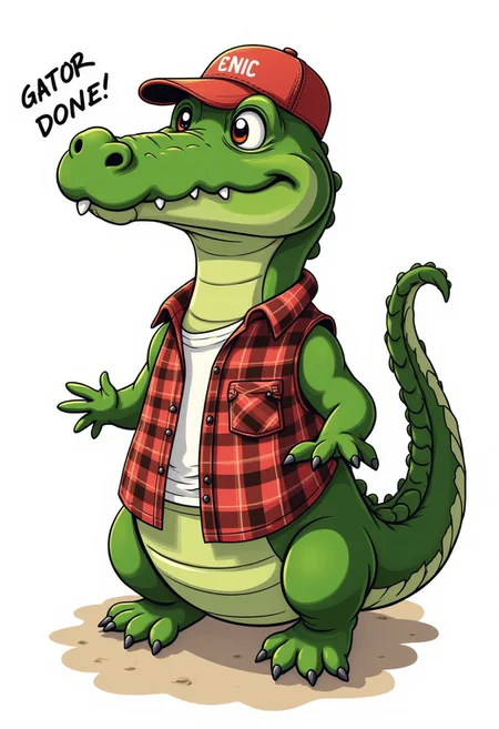 A cartoony alligator saying "Gator Done!", sleeveless flannel shirt, cap
