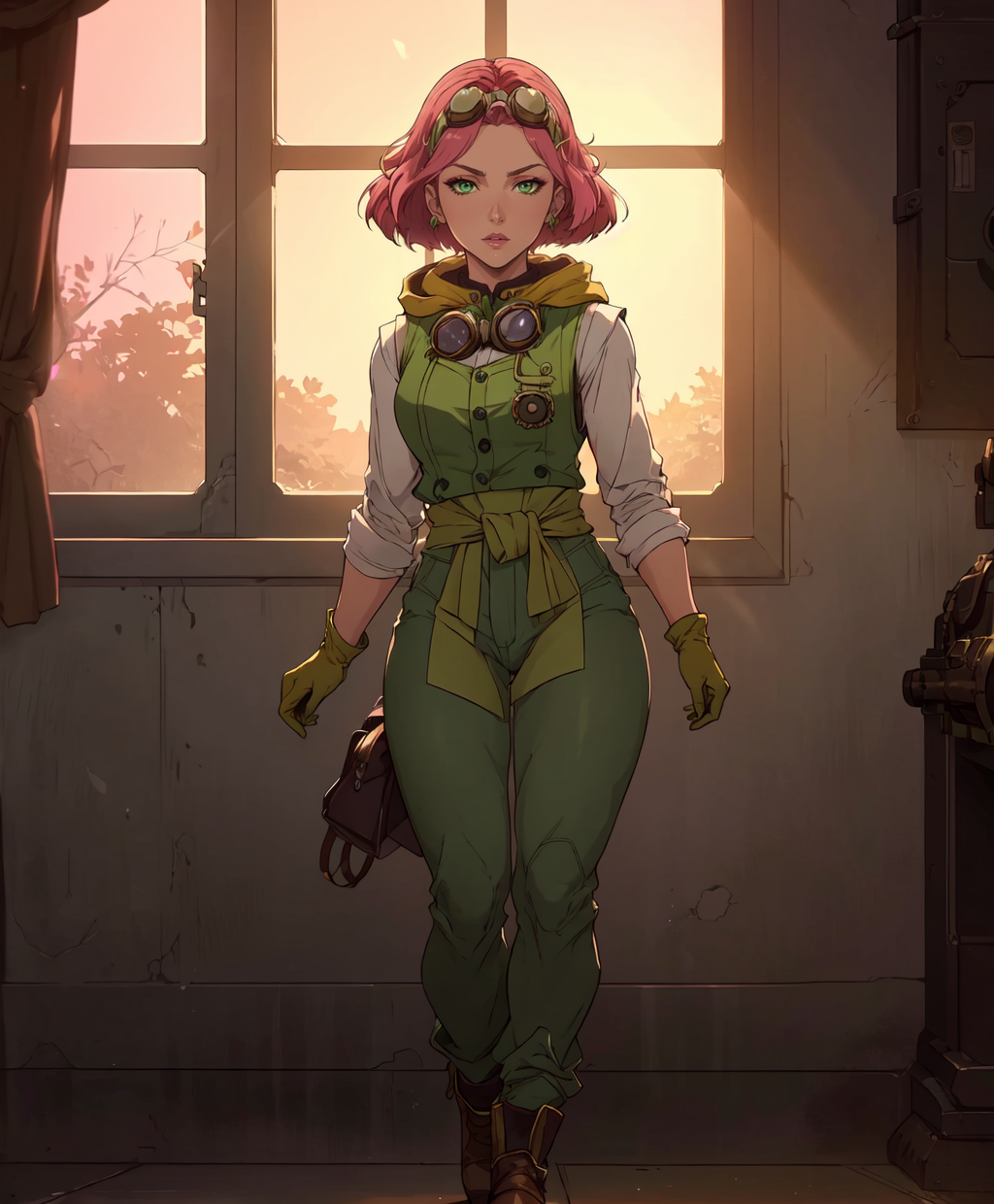 yukina_kabaneri, mature female, detailed, masterpiece, HDR, detailed sharp, best quality, highres, 1girl, solo, 
makeup, thick lips, green_eyes, lipstick, eyeshadow, pink hair, 
backlighting, depth of field, indirect lighting, dim lighting, 
steampunk, goggles on head, sash, hair ornament, open_vest, longsleeve_white_bodysuit, green_gloves, yellow_hood, pants tucked in,  
full body,  
<lora:Yukina_v01:0.80>