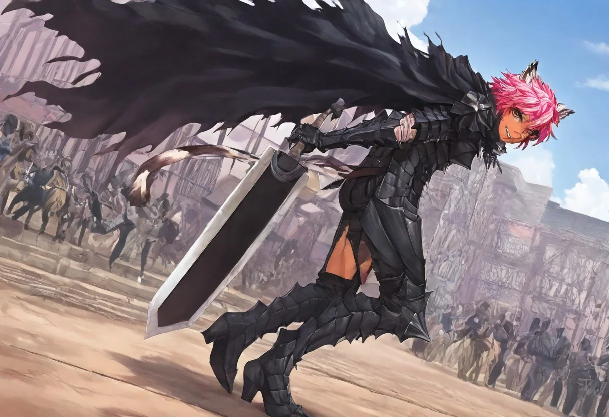 masterpiece, very aesthetic, anime screenshot, 1girl, Pink_PonyXL, DragonSlayerSword-Il.V1.0, black armor, shoulder armor, gauntlets, greaves, bandaged arm, black cape, torn cape, bright pink hair, cat ears, scar on nose, cat bell around neck, tanned, white tiger tail, small breasts, femine body, smiling, making a cute cat face, single fanged tooth showing, standing, looking at viewer, side view, wielding-dragonslayer, huge weapon, sword, holding sword, holding weapon, full body, zoomed in on pink_ponyxl, Dutch angle, cowboy shot 
Break
City of hyrule, bright and sunny, happy adoring crowd,