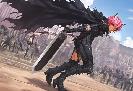 masterpiece, very aesthetic, anime screenshot, 1girl, Pink_PonyXL, DragonSlayerSword-Il.V1.0, black armor, shoulder armor, gauntlets, greaves, bandaged arm, black cape, torn cape, bright pink hair, cat ears, scar on nose, cat bell around neck, tanned, white tiger tail, small breasts, femine body, smiling, making a cute cat face, single fanged tooth showing, standing, looking at viewer, side view, wielding-dragonslayer, huge weapon, sword, holding sword, holding weapon, full body, zoomed in on pink_ponyxl, Dutch angle, cowboy shot
Break
City of hyrule, bright and sunny, happy adoring crowd,