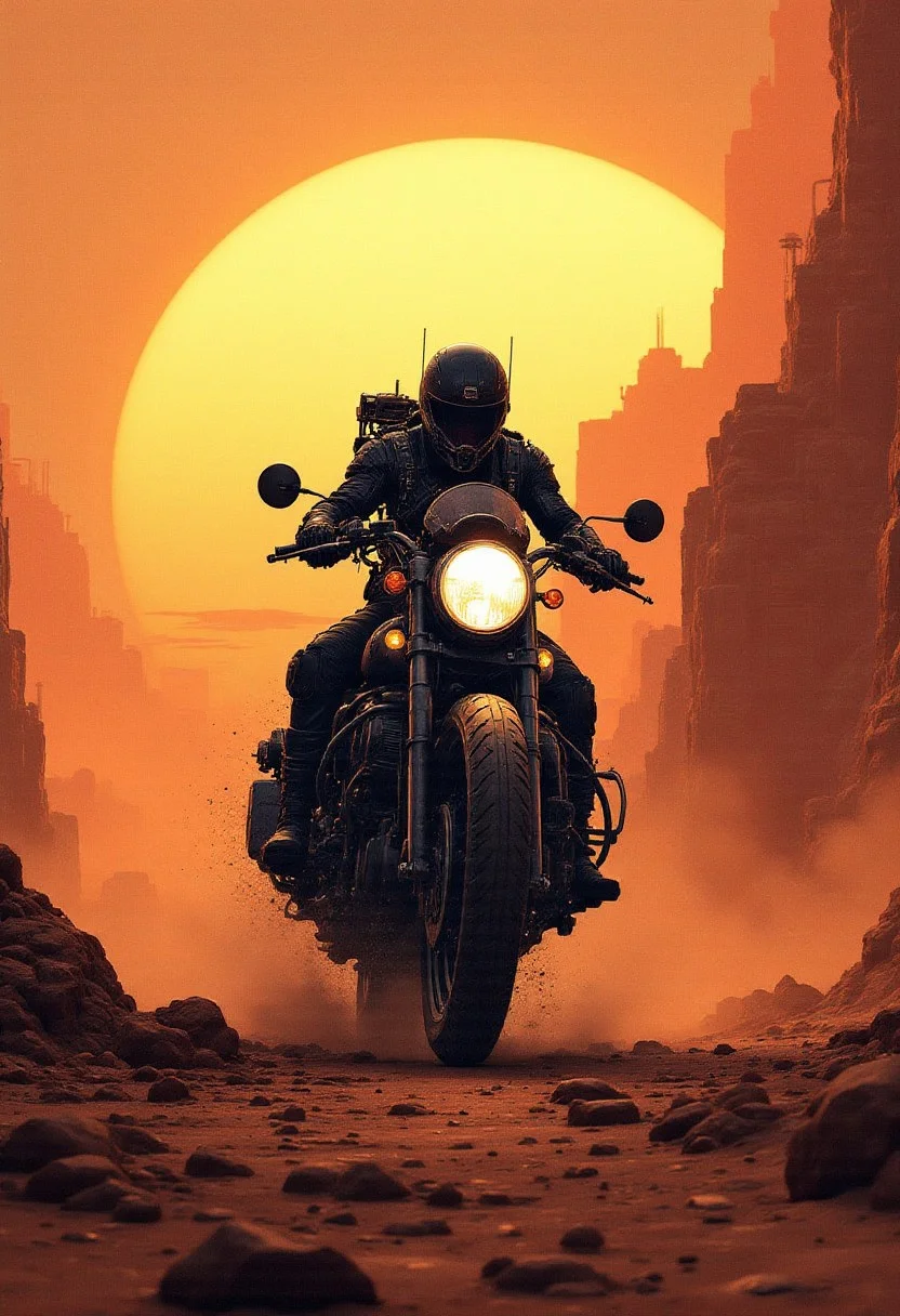 cyberpunk motorcycle cowboys on planet x, futuristic motorcycles, sci-fi, riding into sunset
