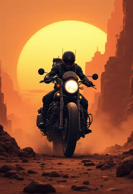 cyberpunk motorcycle cowboys on planet x, futuristic motorcycles, sci-fi, riding into sunset