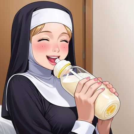 source_anime,  1girl, nun drinking from a baby bottle, wearing a diaper, happy, grinning