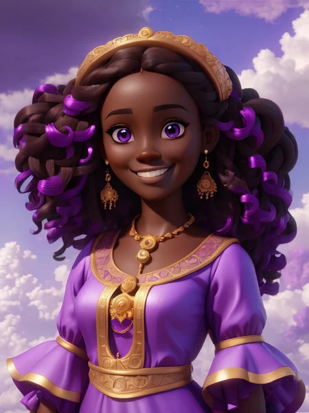 3D Style, (masterpiece), girl, dark skin, purple eyes, smile, posing for a picture, cloud <lora:3d_render_style_xl:0.8>