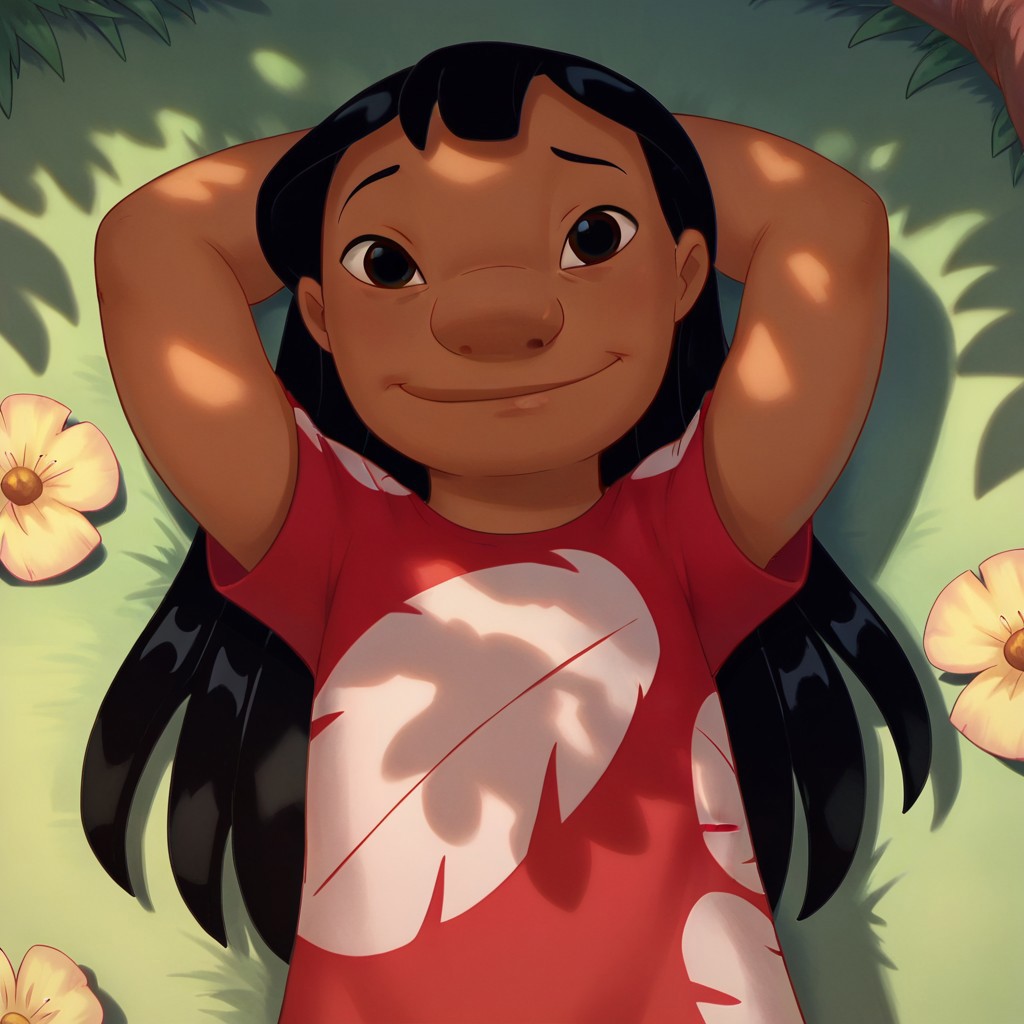 score_9, score_8, score_7, break, solo, lilo_pelekai, dark skin, black hair, long hair, black eyes, red dress, arms behind head, on back, grass, flowers, shadows, sunlight, looking at viewer, smile, tree