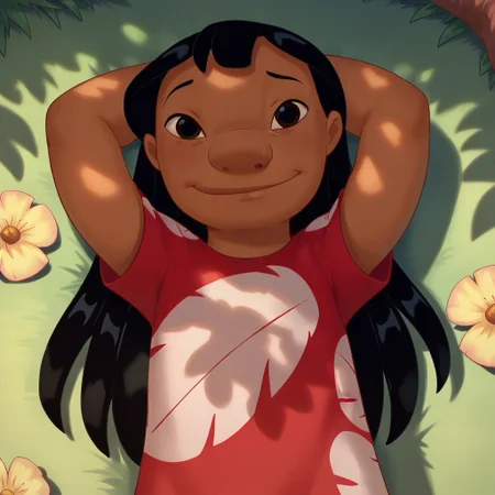 score_9, score_8, score_7, break, solo, lilo_pelekai, dark skin, black hair, long hair, black eyes, red dress, arms behind head, on back, grass, flowers, shadows, sunlight, looking at viewer, smile, tree