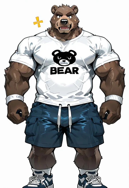 animal ears, muscular furry, furry, Clothes, PG, T-shirt, Shorts, bara, bear ears, bear