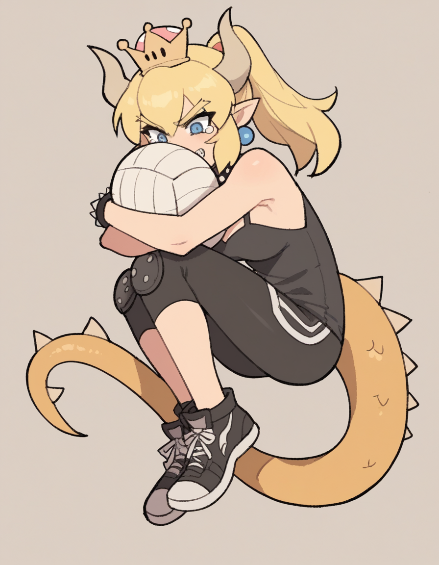 zPDXL, score_9, score_8_up, score_7_up, source_anime, flat color, sketch,
1girl, solo, tearing up, (tail_hug), Bowsette, blonde hair, ponytail, sharp teeth, spikey tail, spikey shell, volleyball player wearing a white  team logo tank top, spandex shorts, low-top sneakers, headband,knee pads,
 <lora:TemmieChang_ver2:1> tmchng, .