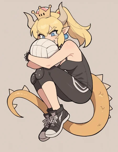 zPDXL, score_9, score_8_up, score_7_up, source_anime, flat color, sketch,
1girl, solo, tearing up, (tail_hug), Bowsette, blonde hair, ponytail, sharp teeth, spikey tail, spikey shell, volleyball player wearing a white team logo tank top, spandex shorts, low-top sneakers, headband,knee pads,
<lora:TemmieChang_ver2:1> tmchng, .