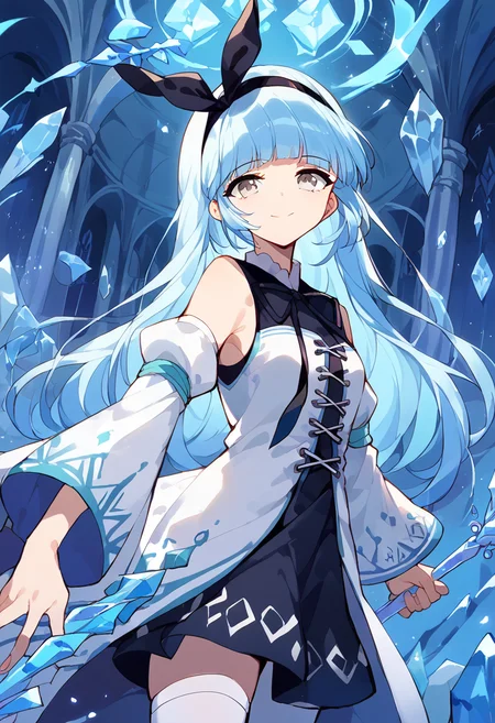 score_9,score_8_up,score_7_up,source_anime,zPDXL3,fantasy,castle,architecture,upper body,
*//*,<lora:ArchMageIL_Pony:1>,archmage_il,1girl,solo,blue hair,long hair,blunt bangs,grey eyes,detached sleeves,white sleeves,white thighhighs,white dress,long sleeves,wide sleeves,bare shoulders,black ribbon,black hairband,black bow,magic,open book,staff,holding staff,crystal,floating object,light smile,
*//*,looking at viewer,cowboy shot,dutch angle,