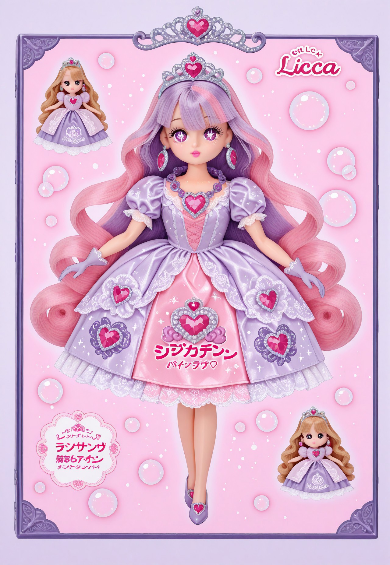 (fullbody, front facing, facing viewer) moe, kawaii, cute, 1girl, doll, (doll face, cute round face), doll joints, ((Licca-chan : 1.2)), big sparkling eyes, makeup, long eyelashes, detailed lips, fashion, ((doll clothes)), princess, pink and lavender ornate gown, puffy sleeves, hair ornaments, too many hair ornaments, tiara, jewelry, oversized earrings, gaudy plastic necklace, heart-shaped gem, lavender purple gloves, simple background, (soft, dreamy, pastel pink shoujo bubble background), (text, Japanese text),