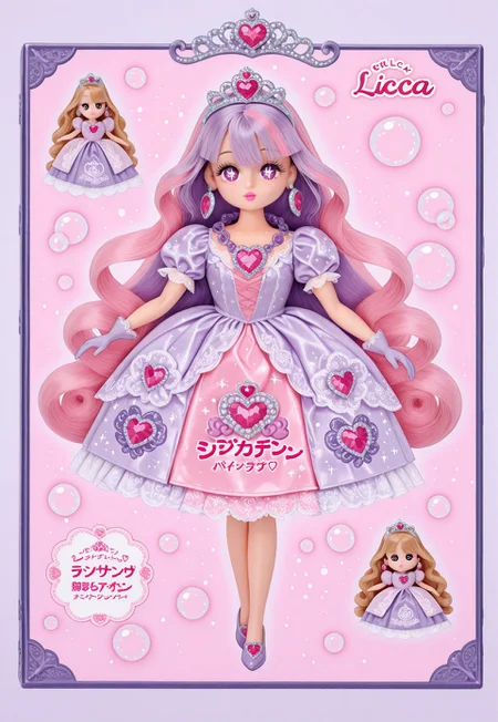 (fullbody, front facing, facing viewer) moe, kawaii, cute, 1girl, doll, (doll face, cute round face), doll joints, ((Licca-chan : 1.2)), big sparkling eyes, makeup, long eyelashes, detailed lips, fashion, ((doll clothes)), princess, pink and lavender ornate gown, puffy sleeves, hair ornaments, too many hair ornaments, tiara, jewelry, oversized earrings, gaudy plastic necklace, heart-shaped gem, lavender purple gloves, simple background, (soft, dreamy, pastel pink shoujo bubble background), (text, Japanese text),