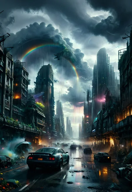 dark, low-key, hvrn, heavy rain,
A detailed dramatic illustration of a rainbow over a scifi futuristic city with flying vehicles, with grey color dark magic splash, flying vehicles in the sky, rainbow over a scifi futuristic city, heavy rain, dark gothic, 3D Vector Art, scifi art, watercolor effect, bokeh, Adobe Illustrator, hand-drawn, digital art, isometric style, retro aesthetic, focused on the character, 4K resolution, photorealistic rendering, using cinema 4D, view from above,
Wide range of colors., Dramatic,Dynamic,Cinematic,Sharp details
Insane quality. Insane resolution. Insane details. Masterpiece. 32k resolution.
dvr-lnds-sdxl, ral-apoctvisn, zavy-rmlght,