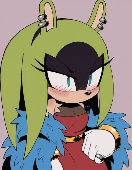 zPDXL, score_9, score_8_up, score_7_up, score_6_up, score_5_up, source_anime, 4k, absurdres, 1girl, solo, simple background,
<lora:TMoStH_v1:0.8> (tmosth), (flat color, black shading, sloppy coloring), (hatching \(texture\)), red dress, gold bracelets, white gloves, sleeveless, (hairband), long dress, blue feathers, feather boa, close-up, animal ears, yellow belt, bare shoulders, blush, <lora:Green_Quills:0.8> ((long hair:1.3, quills down:1.3, green hair:1.3)), see-through cleavage,<lora:Surge_v2mini_LoCon:0.6> surge the tenrec, (green fur), (black fur), two-tone fur, aqua eyes, black eyeshadow, long quills, shaded face, small breasts, animal ears, short tail