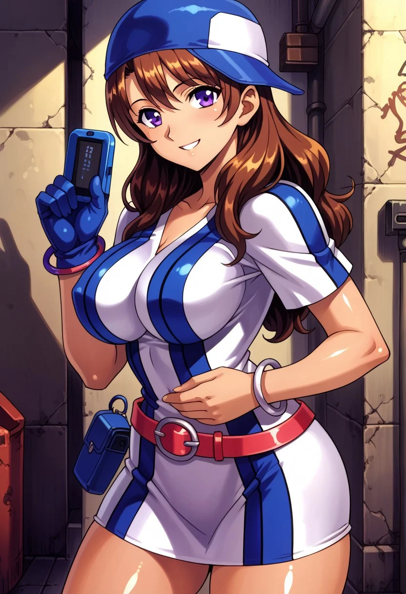 score_9, score_8_up, score_7_up,BREAK source_anime,Behind an alley,,,shiny_clothes,shiny_skin, fingers, detailed hands,alone,large breast,smile,masterpiece,mogudan,, perfect body, perfect face, perfect_eyes,perfect_hands,detailed hands,fingers,shiny_clothes,shiny_skin,best quality,amazing quality,very aesthetic,AiNeogeo,long hair,brown hair,purple eyes,jewelry,bracelet, blue baseball hat,baseball uniform,short dress,belt,,fingerles gloves,blue gloves,,hand on handheld game console