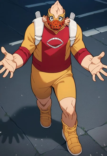 score_9, score_8_up, score_7_up, score_6_up, score_5_up, score_4_up, source_anime, kojikoda, solo, full body, red and yellow uniform, white shoulder braces, yellow shorts, yellow boots, orange mask, open hand, looking at viewer
