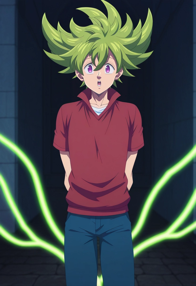 masterpiece, best quality, , anime screencap, , ,, 1boy, solo, male focus, <lora:percival_nnt_mny_ilxl:0.98>, percival_nnt_mny, green hair, purple eyes, spiked hair, hair between eyes, bangs, , asymmetrical, energy plant, noon, arms behind back, speaking, talking,
