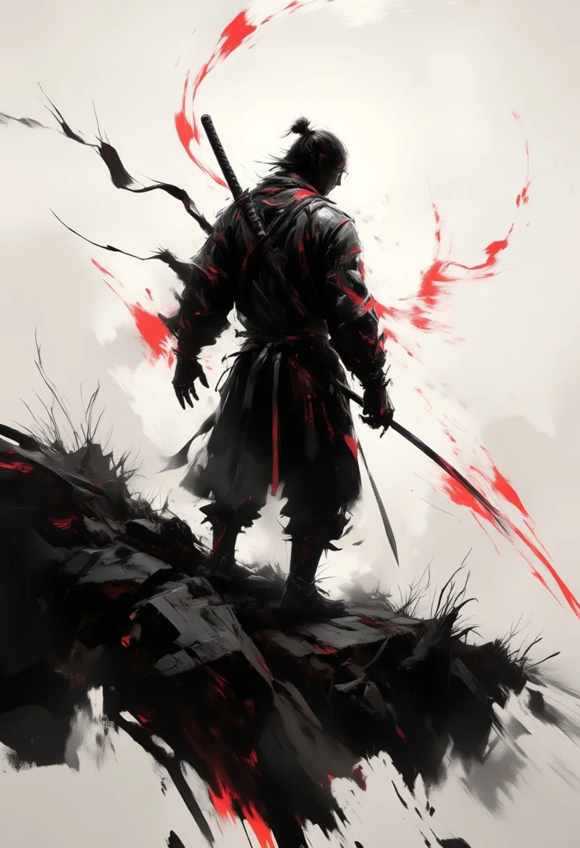 aidmaimageupgrader, samurai, hill, back view, katana, sword, shadow, silhouette, black and white, monochrome, red accents, dramatic lighting, atmospheric, foggy background, japanese culture, minimalist, moody, contrast, sunset glow, isolated figure, reflective pose,pscho_4rt