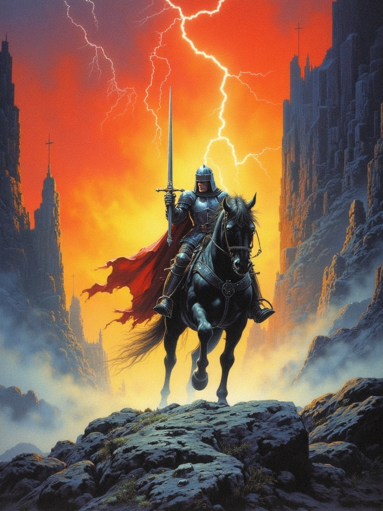 drkfnts style,  A dramatic portrayal of a medieval knight on horseback set against a backdrop of towering rock formations and a fiery sky. The knight clad in full armor wields a long sharp sword ready for battle. The color palette is dominated by fiery reds oranges and yellows contrasted with the cool blues and grays of the rocky terrain. The scene is charged with intensity as evidenced by the lightning bolts in the sky adding to the tension and drama of the moment, dark fantasy, <lora:sxz-Dark-Fantasy-v2-Flux:1>