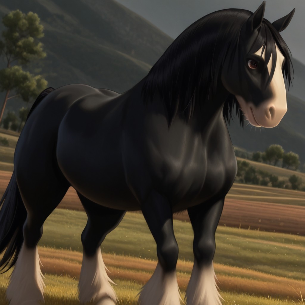 masterpiece, best quality, amazing quality, angus1, male, furry male, horse, feral, solo,  black fur, two-tone fur, black mane, horse ears, brown eyes, white muzzle, white hooves, tail, standing, outdoors, grass, no humans