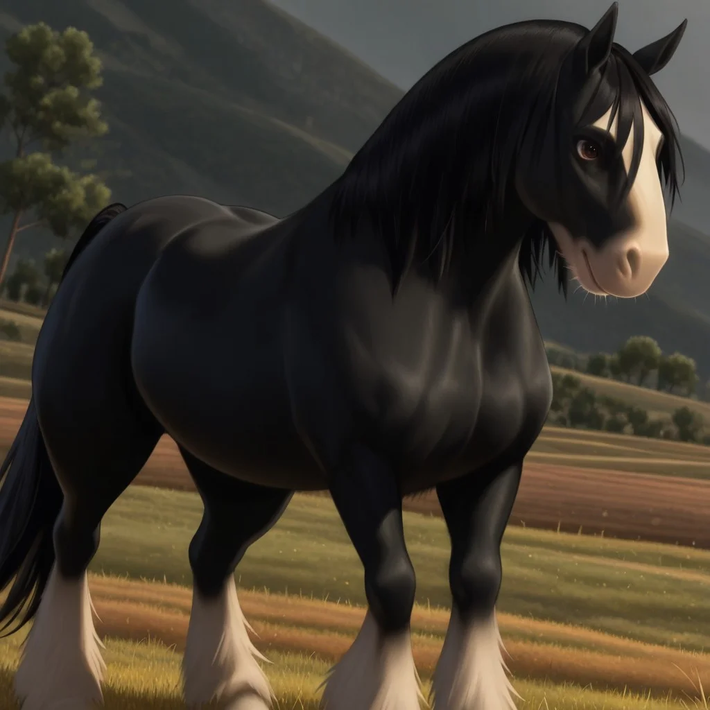 masterpiece, best quality, amazing quality, angus1, male, furry male, horse, feral, solo, black fur, two-tone fur, black mane, horse ears, brown eyes, white muzzle, white hooves, tail, standing, outdoors, grass, no humans
