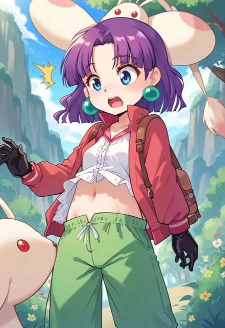 score_9, score_8_up, score_7_up, best quality, uncensored, source_anime, BREAK
1girl, solo, sue(grandia), purple hair, medium hair, hair ribbon, blue eyes, green earrings, freckles, (navel:1), latex bikesuit, latex gloves ,,
surprise, downpants, standing, outdoors, 
<lora:sdxl_lightning_8step_lora:1>  <lora:sue(grandia)_XL(pony):1>