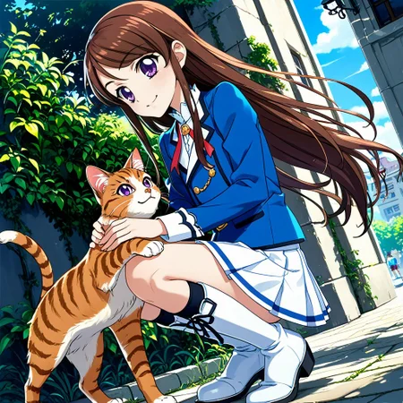 score_9, score_8_up,score_7_up,game cg,official art, uncensored, convenient censoring, covering privates,
rating_safe,
modeling, expressive hair, expressive clothes, dutch angle,wind
smile,cat,pet
from below, legs together, squatting,
<lora:shibranVXV:0.8> shibukiran, purple eyes, brown hair, long hair, starlight academy school uniform,,blue jacket,white skirt white footwear, knee boots,