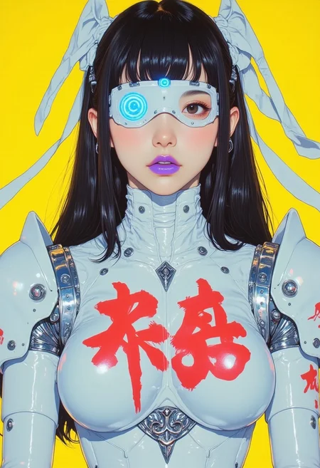 (**pingtu style, illustration-fen, niji, gothic, erotic, anime**): A striking digital illustration of a young woman with a commanding presence. She has fair skin and dark, straight hair adorned with two large, glowing white ribbons. Her eyes are concealed behind a luminous, high-tech eye patch with a pulsing cyan symbol at its center. Her lips are painted a bold violet, intensifying her enigmatic expression.  
She wears a sleek, all-white armored outfit covered in bold red Japanese calligraphy. The high-tech armor blends cyberpunk and fantasy, featuring smooth, polished surfaces with luminous edges. The chest piece is reflective with an intricate, glowing blue emblem. A high collar and sharp shoulder pads enhance the futuristic aesthetic.  
The background is a radiant, glowing yellow, creating a striking contrast with her white armor and pale skin. The armor’s texture is smooth with glowing patches that shift in hue, giving it an ethereal, almost holographic quality. The composition radiates power, mystery, and a futuristic elegance.