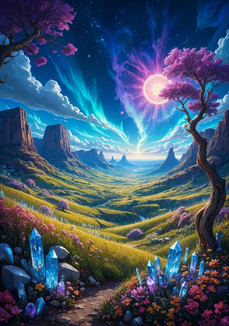 An expansive celestial prairie, radiant solar flares illuminating a surreal landscape of undulating emerald grasses and scattered golden wildflowers. Shimmering, glass-like crystal shards emerge along gentle slopes, reflecting iridescent hues under an azure twilight sky streaked with fuchsia and teal. Ancient rugged mesas stand silently in the distance, framed by ethereal mists entwined with clusters of bioluminescent fungi and translucent mystic trees adorned with silver filigree. A harmonious blend of digital oil painting and impressionist charm, the atmosphere resonates with enchanted ambient light, cosmic luminescence, and hyperrealistic textures. 8k, masterpiece, intricate detail, bold contrasts. <lora:aidmaMJ6.1-FLUX-v0.4:0.7> <lora:FluxDFaeTasticDetails:0.6> <lora:FluxMythG0thicL1nes:0.2> <lora:FluxMythAn1meL1nes:0.4> <lora:flux_dev:1>