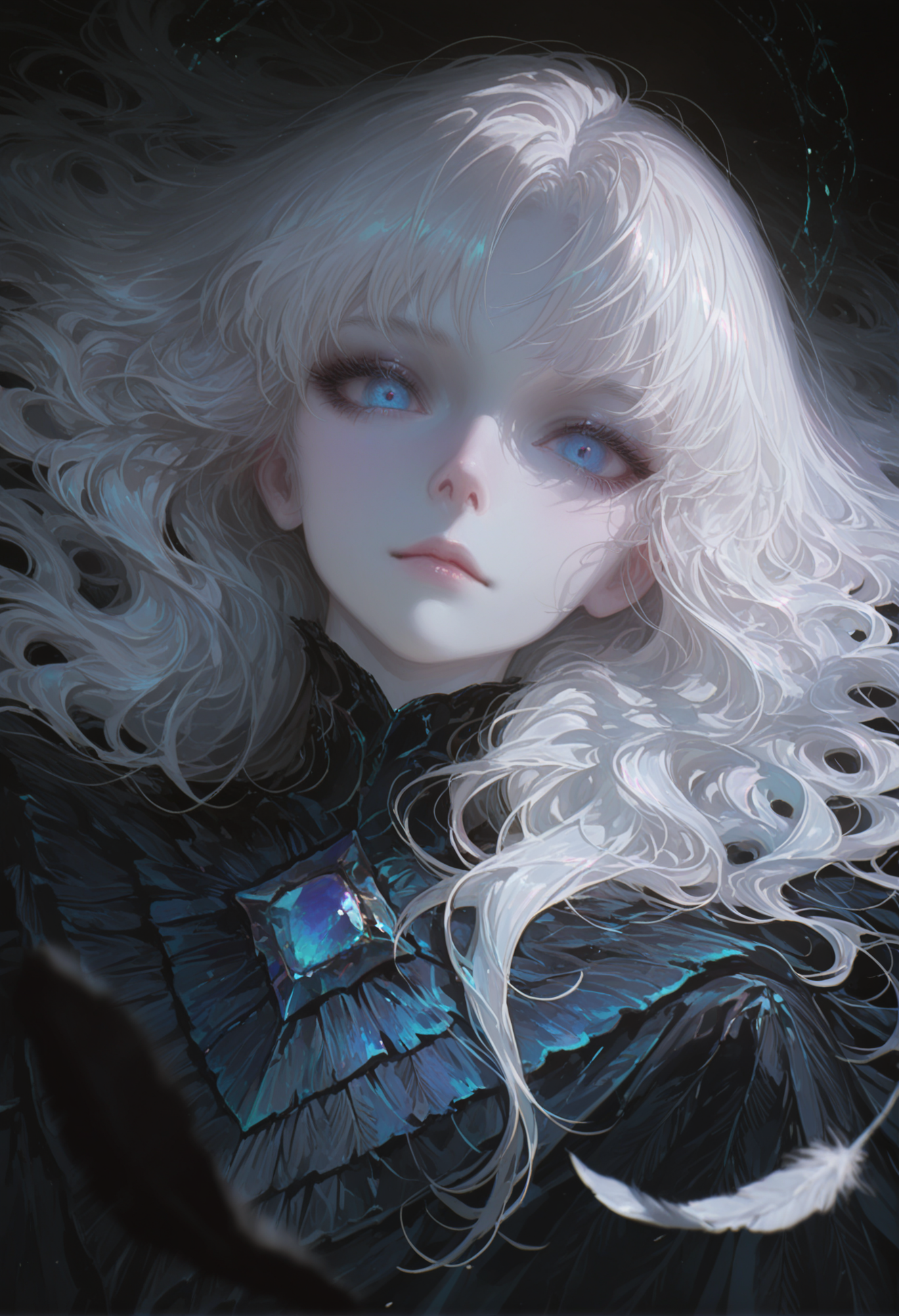 masterpiece, best quality, newest, highres, absurdres,focused subject,no lineart, no outline, detailed, 1girl, solo, long hair, looking at viewer, blue eyes, white hair, eyelashes, lips, colored skin, wavy hair, feathers, portrait, gem, pale skin, realistic, chromatic aberration, dark theme,limited palette,straight on, dynamic angle,blurry foreground