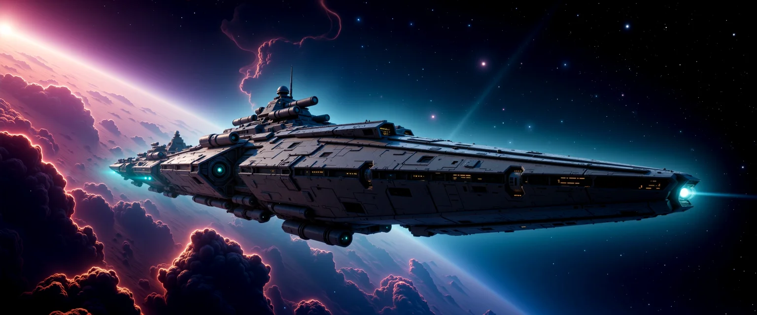 highly detailed dark sci-fi digital painting, epic composition, a colossal, ominous battleship drifts through the cosmic void, its angular silhouette framed against the vibrant, swirling hues of an expansive galactic nebula illuminated by newly formed stars, the battleshipâs intricate design showcases massive laser turrets and powerful engines trailing light, contrasting against a backdrop of dense, colorful gas clouds and distant stars scattered across the vastness of space, the nebula's radiant glow reflects subtly off the metallic, angular hull, casting soft glints and highlighting the shipâs intricate armor plating, which merges elegance with lethality, faint cosmic dust and ethereal nebular tendrils fill the void, lending an otherworldly atmosphere, the battleship dominates the frame, exuding cosmic power and technological might, its sharply angled armor plates give a fierce, imposing look, with massive cannon turrets lined along the hull, casting long, powerful shadows that enhance its formidable presence, the wide-angle, cinematic shot accentuates the battleshipâs massive scale, emphasizing its stark contrast to the colorful nebula, an ethereal, diffused glow emanates from the nebula, casting harsh shadows across the armor plates, while faint blue and purple highlights create a spectral sheen on the metal, shot in high-resolution digital, rich with intricate details, deep, muted colors with high contrast emphasize deep blacks, vibrant nebula hues, and metallic grays, delicate, smooth brushstrokes mimic the flowing nature of the nebula, evoking a timeless grandeur, deep rich colors, color contrast, cinematic, dramatic dutch angle, night blue and bordeaux red and eggshell white and mint green, ovg, in the style of cksx, vibrantnebula, <lora:spaceships-flux-by_chronoknight:0.88> <lora:spacecraft-vibrant_nebula-v2-flux-by_bra2ha:0.6>