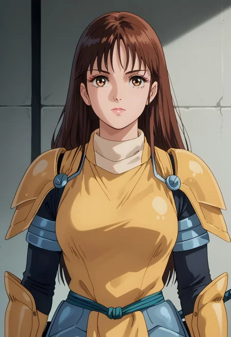 score_9, score_8_up, score_7_up, realistic, fine anime screencap_xl, anime screencap, miakoji, ronin warriors, solo, 1girl, retro, brown hair, 1980s (style), bangs, long hair, hazel eyes, portrait, eye makeup, samurai armor, armor, shoulder armor, gloves, swords,