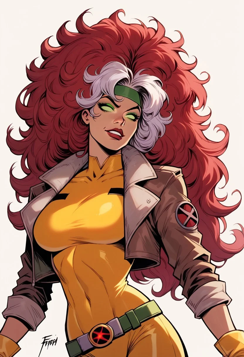 score_9, score_8_up, score_7_up, 1girl, solo, StarfireDG, DEFRogue, green eyes, no pupils, lipstick, red hair, two-tone hair, long hair, white bangs, dyed bangs, messy hair, headband, big breasts, cropped jacket, brown jacket, yellow bodysuit, long bodysuit, yellow gloves, belt, yellow boots, full clothed, smug