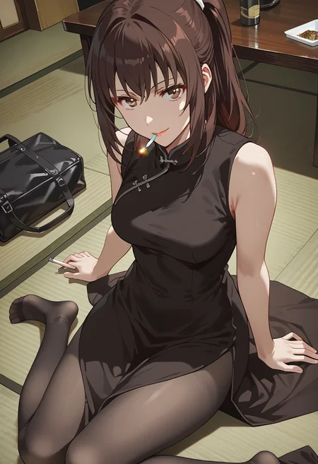 score_9,score_8_up,score_7_up,source_anime,Akane Kosaka,1girl,solo,breasts,looking at viewer,smile,dress,bare shoulders,sitting,medium breasts,brown eyes,ponytail,pantyhose,sleeveless,indoors,bag,black dress,black pantyhose,sleeveless dress,chinese clothes,no shoes,table,china dress,cigarette,tatami,cushion,