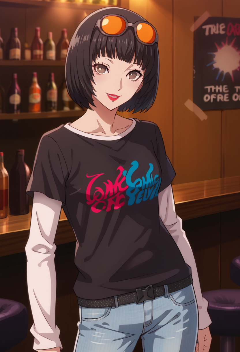 score_9, score_8_up, source_animem
1 girl, solo, cute face,
p5ohya, black hair, bob cut, sunglasses, eyewear on head, makeup, lipstick, black t-shirt, white long sleeves, jeans, 
bar, standing, looking at viewer, smile,